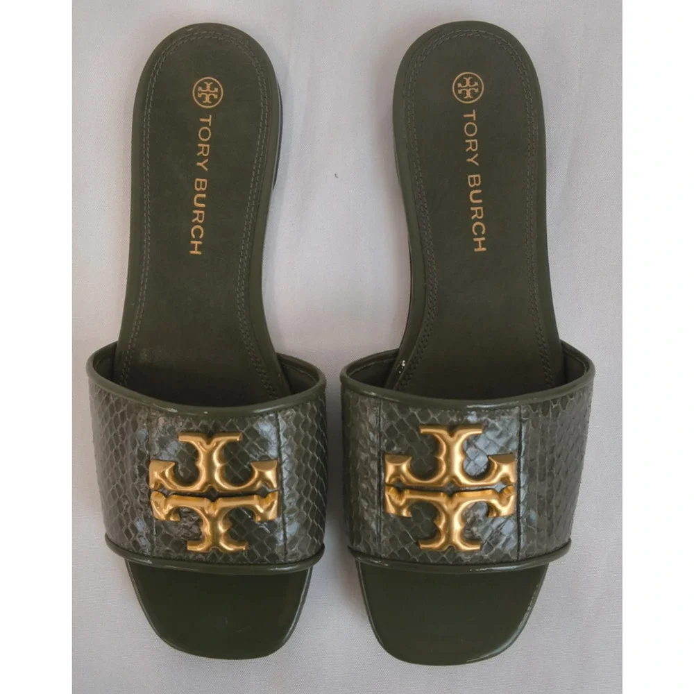 Tory Burch Eleanor Size 9.5M Stamped Snake Leather Green Gold Logo Flats #W5191